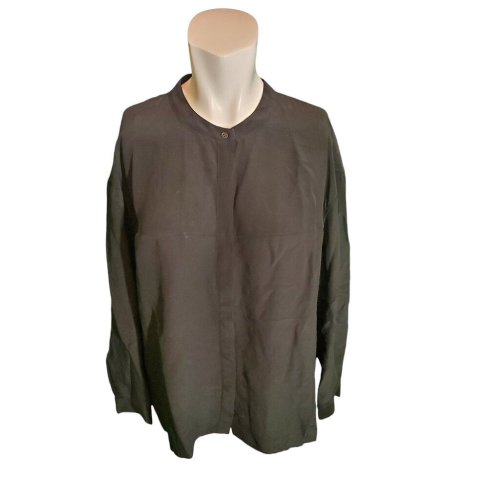 AllSaints Crepe Button Down Blouse Shirt Crew Neck Top Black Sz 10